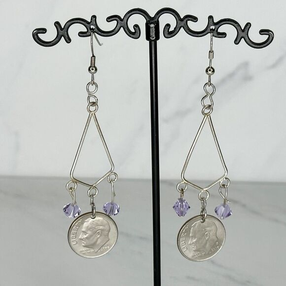 Purple Beaded US Dime Coin Dangle Earrings Pierced Pair - Picture 1 of 8